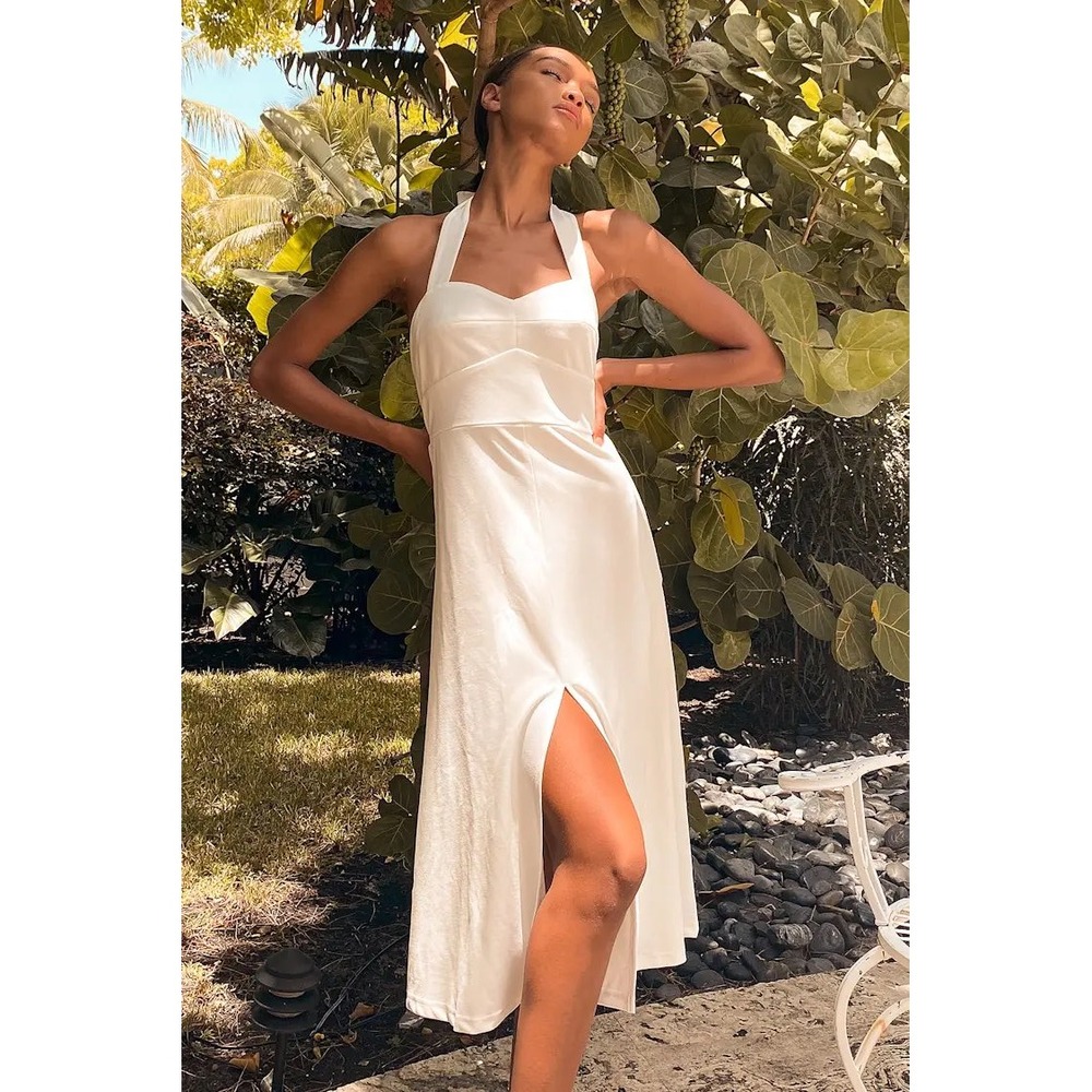 Lulus Bliss‎ White Halter Midi Dress Sweetheart Neckline Bridal XS NEW